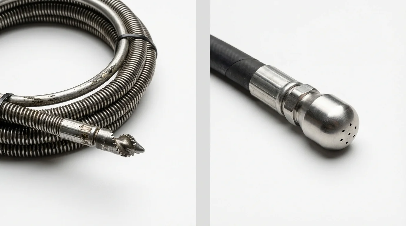 Drain snake cable and hydro jetting nozzle used for drain cleaning in Hillsborough, NJ