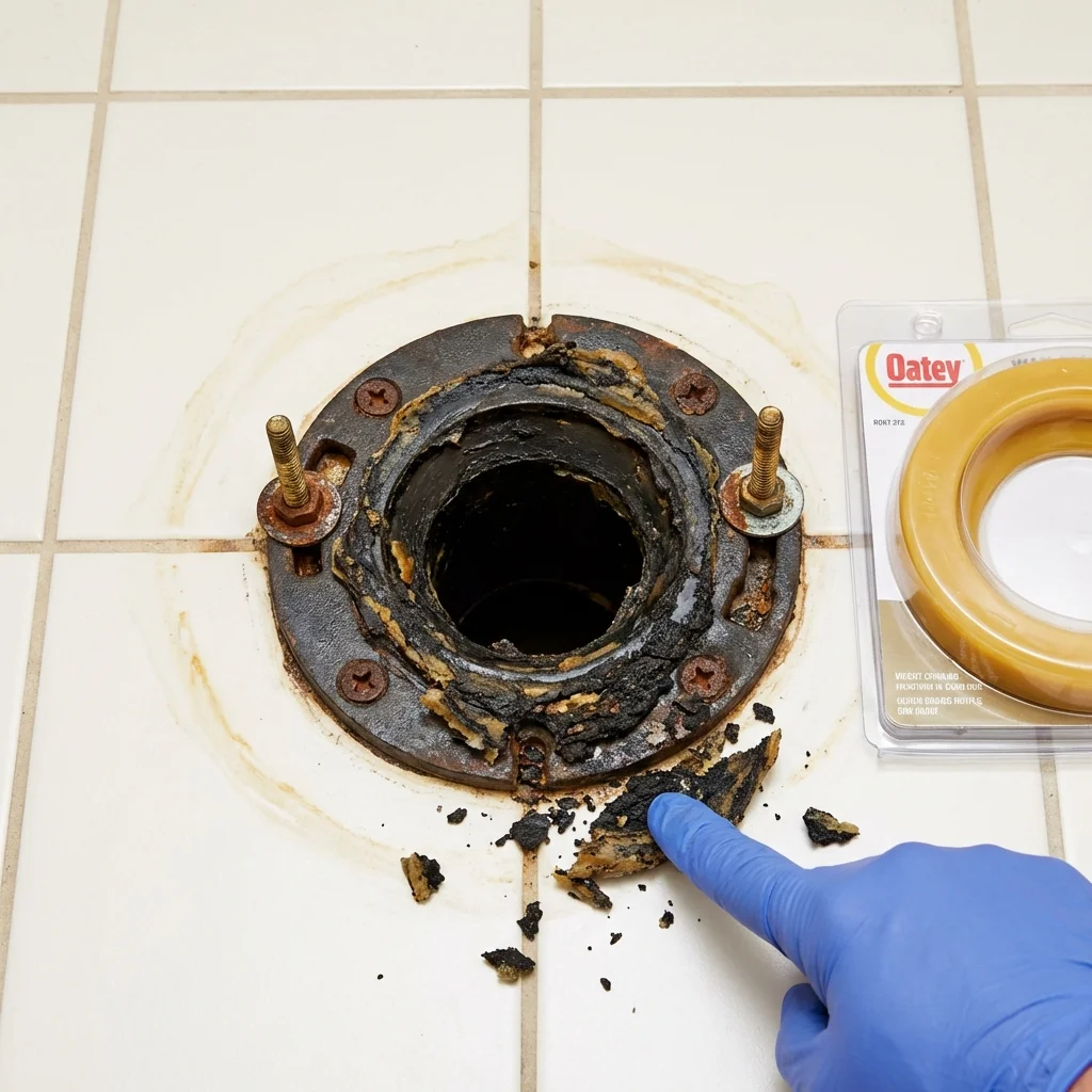 Failed wax ring showing water seepage at the base of a toilet in a Hillsborough, NJ home