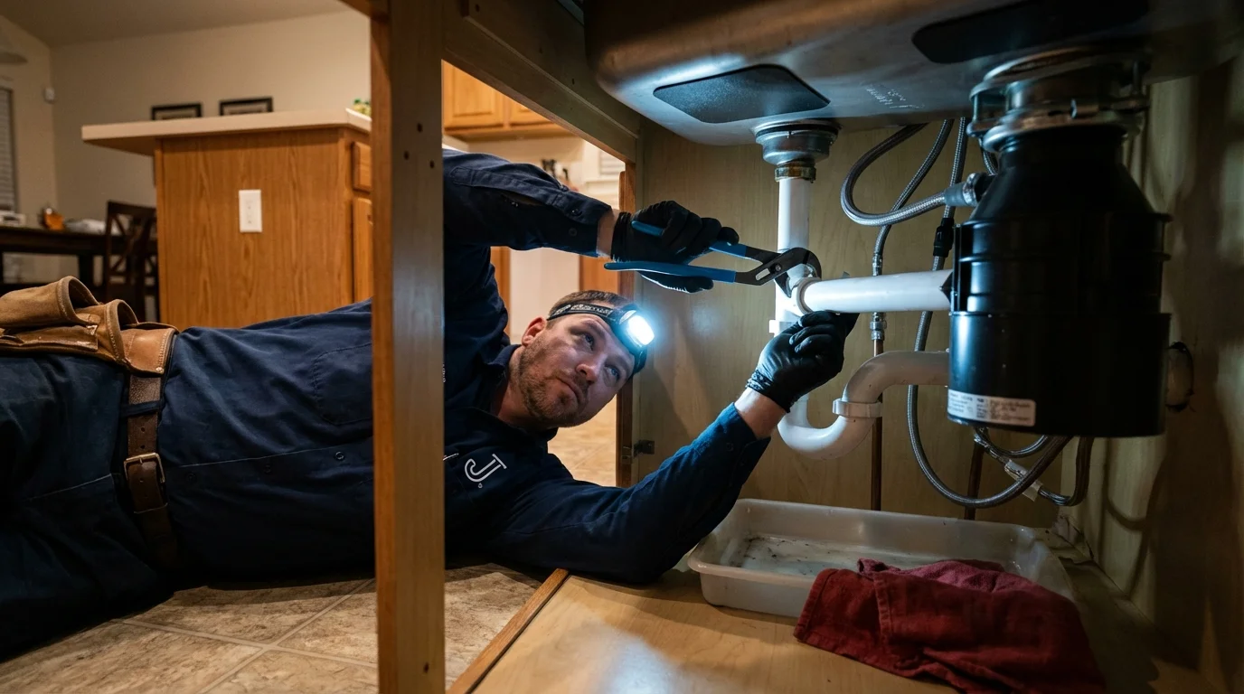 P-trap and supply line connections under a kitchen sink showing a common leak point in Hillsborough, NJ